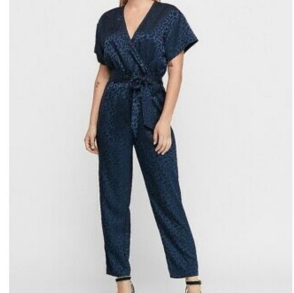 Express Navy Blue Leopard Animal Print Satin Jumpsuit